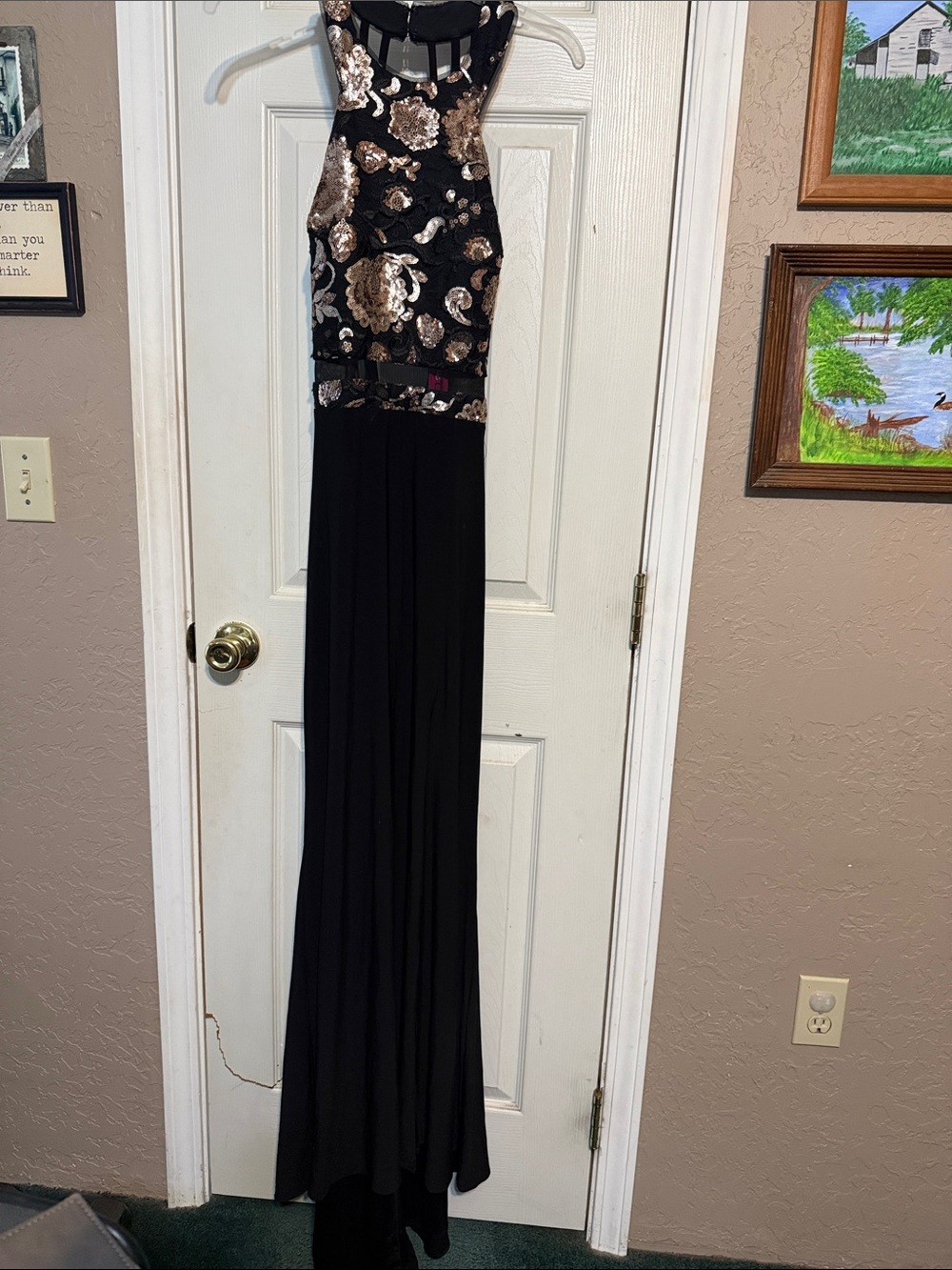 Morgan & Co. Black Gown with Metallic Rose Gold Sequin Bodice